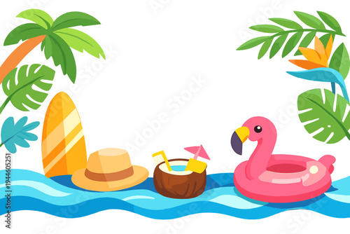 A vibrant summer illustration featuring a surfboard, straw hat, coconut cocktail, and a pink flamingo floatie on blue waves, framed by tropical palm leaves and a palm tree.