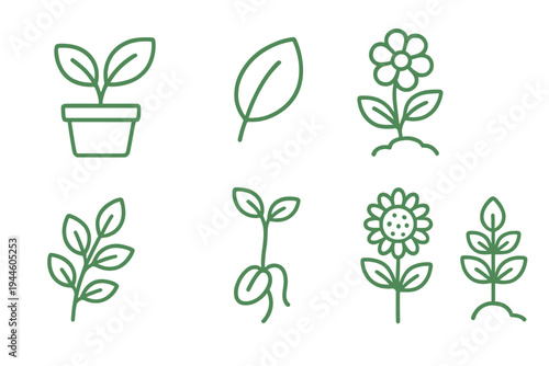 A collection of seven green line-art icons depicting various plants, leaves, flowers, and seedlings on a black background, suitable for gardening and nature-themed designs.