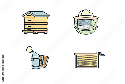 A set of four beekeeping icons featuring a wooden beehive, a protective hat with a mesh veil, a metal bee smoker emitting smoke, and a honeycomb frame on a black background.