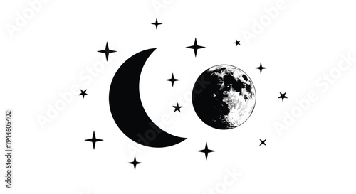 Celestial illustration featuring a crescent moon full moon and scattered stars