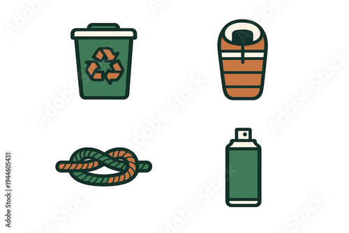 A collection of four camping and outdoor icons including a recycling bin, a sleeping bag, a knotted rope, and a spray can, presented in a flat vector style on a black background.