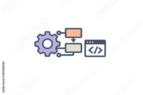 This flat vector illustration features a purple gear linked to a sequential workflow and a coding window, symbolizing software engineering, automation, and system design.