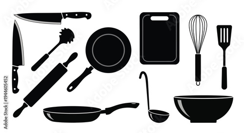 Black silhouette icons depicting various kitchen cooking utensils and tools