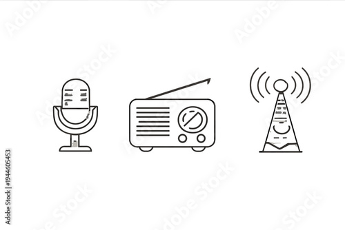 Sound elements showing a microphone radio and broadcasting tower in a