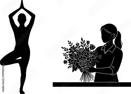 Yoga tree pose silhouette, flower arrangement, mindfulness activity, relaxation and creativity concept