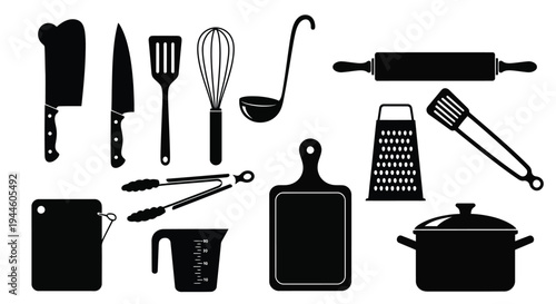 Collection of black silhouette kitchen utensils arranged on a white background