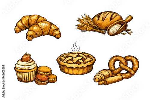 Collection of baked goods including croissants bread pies and pastries