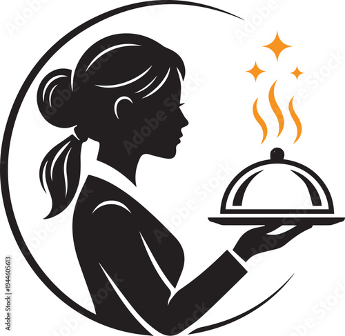 Hospitality vector with server silhouette, serving dish, steam, sparkles, and circular culinary design