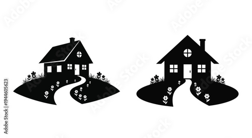 Two simplistic black and white illustrations of quaint houses with gardens