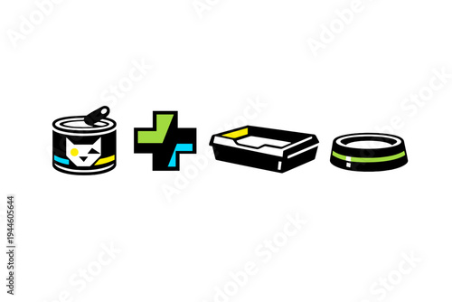 A set of four stylized icons representing cat care essentials