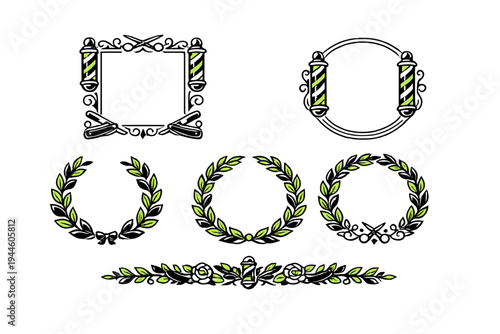 A collection of vintage barber shop design elements including ornate