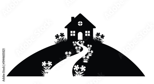 Simple black and white illustration of a house on a hill with a path