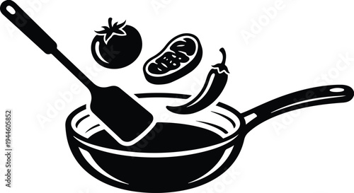 Cooking vector with frying pan, spatula, tomato, sausage, and chili pepper culinary design