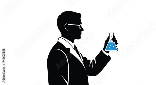 Silhouette of a scientist holding a beaker with blue liquid inside