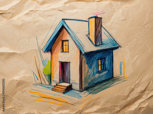 A sketch of a two-story residential house is made on textured paper using ink and markers. Blue and red shadows emphasize the architectural form against a neutral beige background.