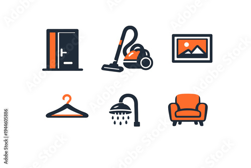 A collection of six flat vector icons representing home interior and