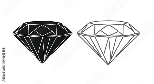 Two diamond illustrations one solid black one outline drawing