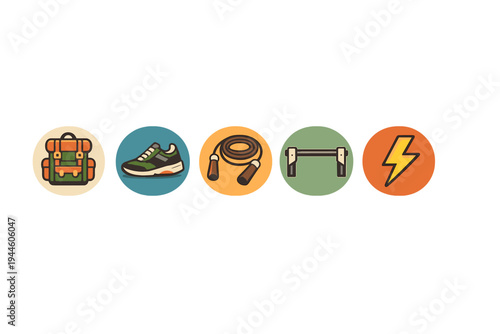A set of five circular flat icons representing fitness and outdoor