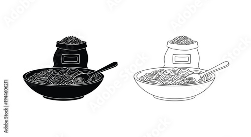 Black and white illustration of caviar servings in bowls and containers