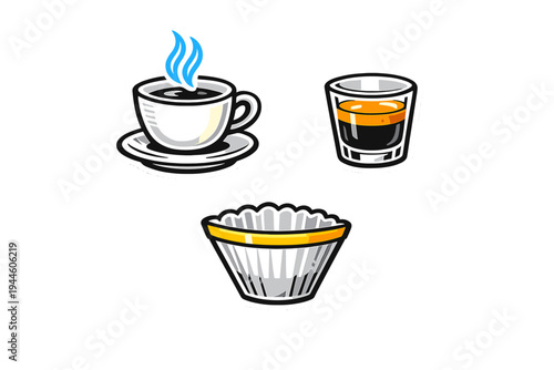 A collection of coffee-themed vector icons featuring a steaming white