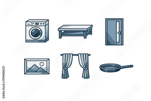 A collection of six household icons featuring a washing machine, a