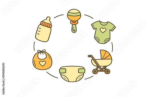 Vector illustration featuring a set of baby essentials including a