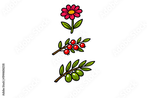 A set of three botanical stickers featuring a pink flower, a branch