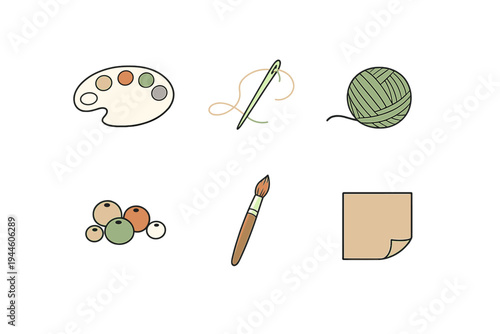 A collection of six flat vector icons representing arts and crafts