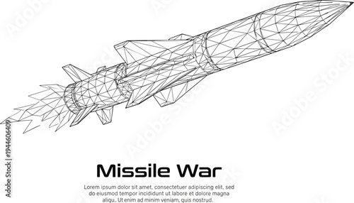 Modern wireframe missile war concept featuring a polygonal ballistic missile in flight with geometric particle trail and editorial text.