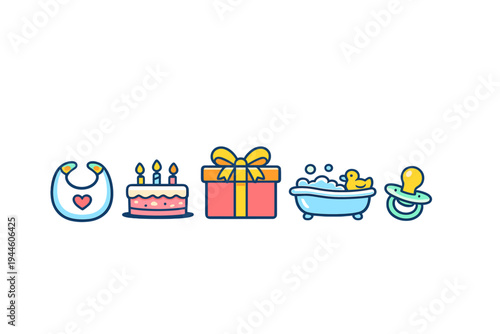 A set of cute baby-themed vector icons featuring a bib with a heart