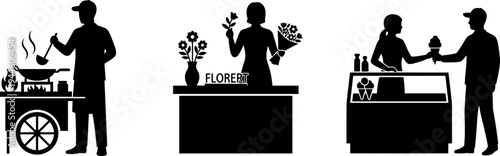 Street food vendor silhouette, florist illustration, ice cream seller, small business concept design