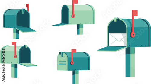 Classic mailbox set with open and closed mailboxes red flag postal box collection mail delivery vector illustration isolated design