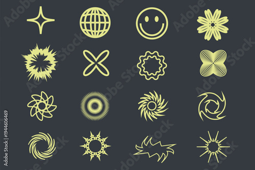 Set of Y2K, brutalist, or retro-futuristic icon, rave geometric shapes, modern grunge symbols. Simple primitive elements and forms, distressed details