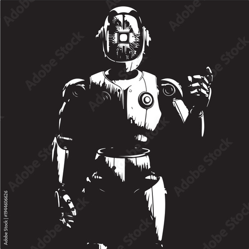 3D vector illustration of a black woman cyborg warrior wearing a skull helmet and holding a sword and gun in a space technology art style