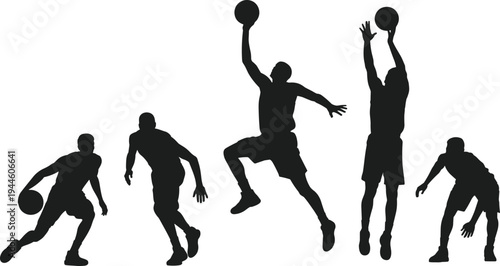 Flat vector black silhouettes of basketball player in multiple dynamic action poses, dribbling, shooting, dunking, sports illustration, athletic competition training concept