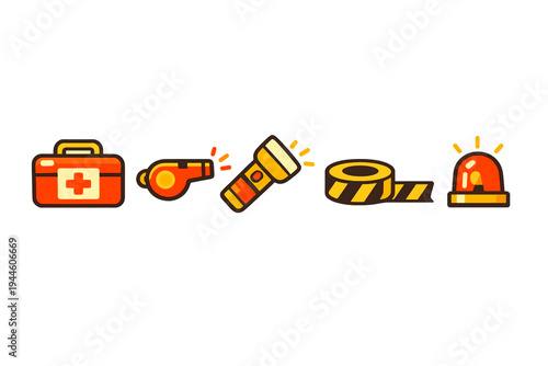 A set of five emergency and safety icons including a first aid kit