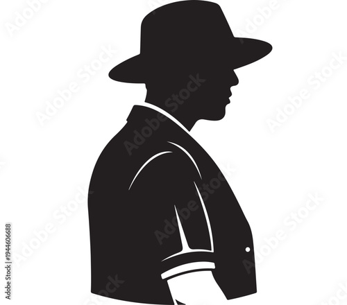 A silhouette of a handsome businessman wearing a fashion hat and black suit creates the mysterious illustration of a detective or gangster