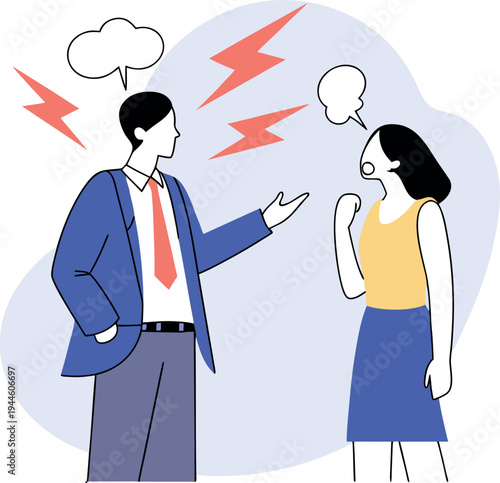Illustration of a man and woman having an argument with speech bubbles and lightning bolts