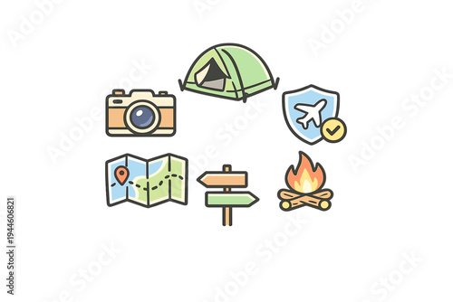 A set of flat vector icons related to travel and outdoor camping