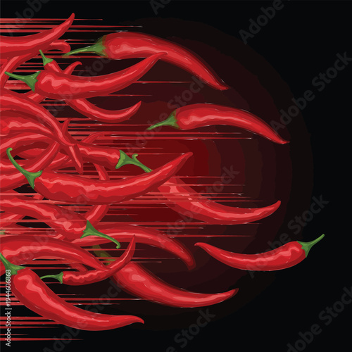 Vibrant red chili peppers scattered in motion on a dark background with streaks