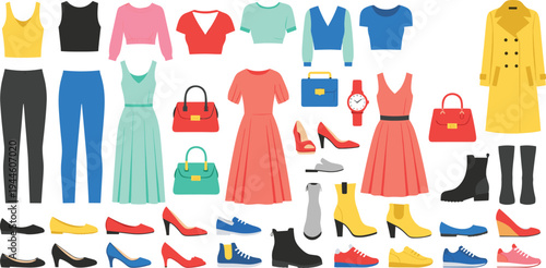 Fashion, woman, clothing, and, accessories, collection, with, casual, outfits, dresses, shoes, bags, coat, and, footwear, for, seasonal, wardrobe, design, elements.