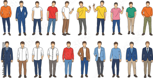 Fashionable men standing wearing casual clothes, business suits, sweaters, and shirts, cartoon characters in different poses for design,