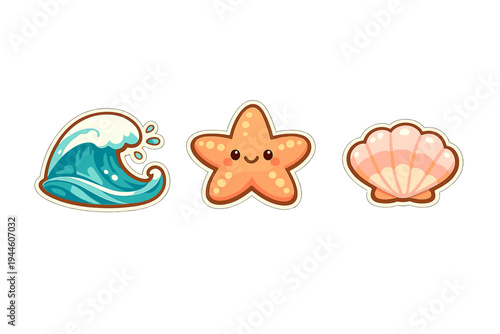 A set of three cute ocean-themed stickers featuring a blue curling