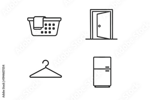 A collection of four minimalist black line icons featuring a laundry
