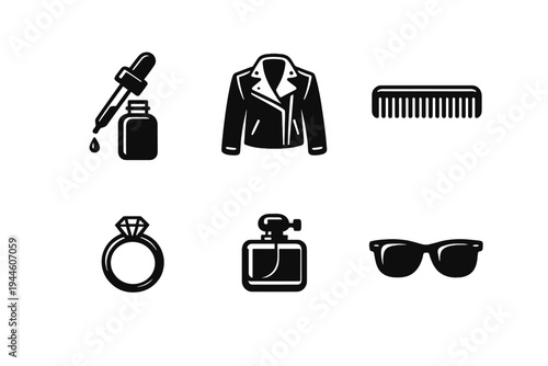 A collection of six black and white minimalist icons representing