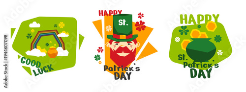 St. Patrick's day festive illustration set. Holiday banner template. Cute graphic ads design. Cartoon bright card. Funny geometric icons. Leprechaun in top hat, big pot of gold, rainbow. Colorful art