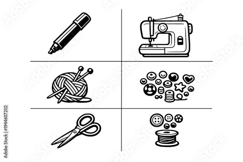 A collection of six black and white icons representing sewing and