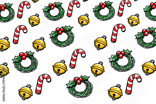 A seamless Christmas pattern featuring hand-drawn illustrations of