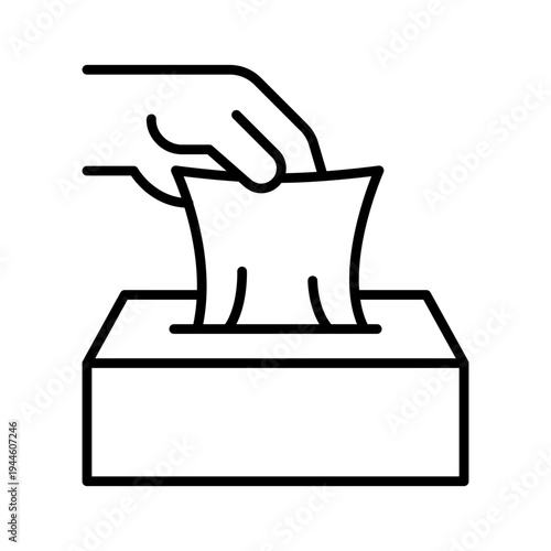Hand pulling sheets from tissue box icon set. Wipe hand with towel, damp cloth, paper, fabric, napkin, tissue icons, label, logo, symbol, black, line, vector illustration. Keep clean hands wet or dry.