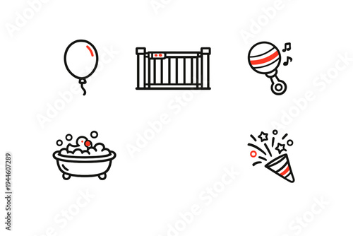 A collection of five minimalist baby and celebration icons featuring